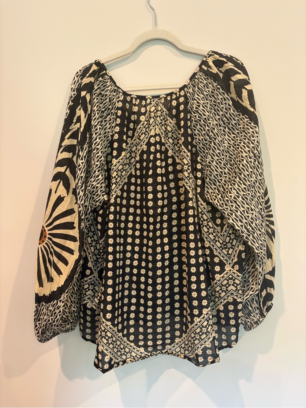 Free People Black and Cream Mixed-Print Peasant Blouse - Picture 3 of 6